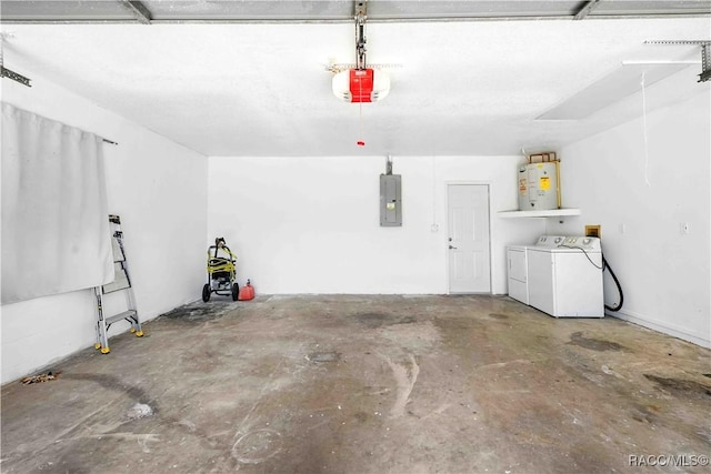 garage with washing machine and dryer, electric panel, a garage door opener, and electric water heater