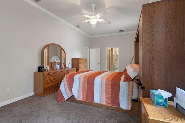 bedroom with ceiling fan, crown molding, connected bathroom, and dark colored carpet