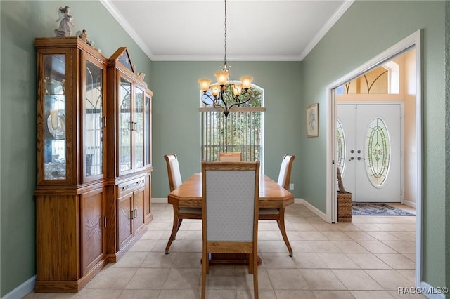 tiled dining space with ornamental molding and a chandelier