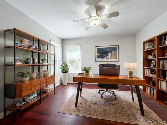 office featuring ceiling fan and dark hardwood / wood-style flooring