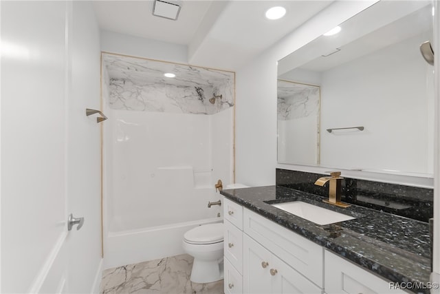 full bathroom with shower / bathing tub combination, vanity, and toilet