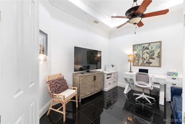 1147 W Pointe Vista Path Unit C1, Hernando, FL 34442 - office featuring ornamental molding, a ceiling fan, a raised ceiling, and dark tile patterned flooring