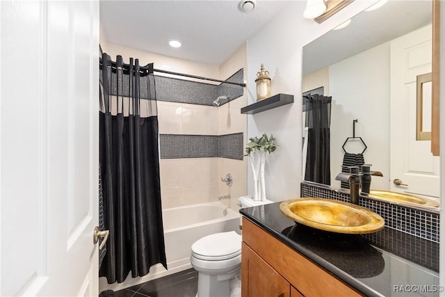 1147 W Pointe Vista Path Unit C1, Hernando, FL 34442 - full bath featuring vanity, shower / bath combo with shower curtain, tile patterned flooring, and decorative backsplash