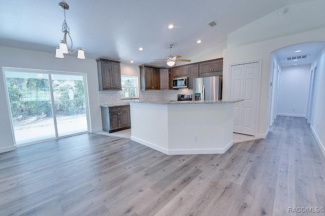 kitchen featuring pendant lighting, backsplash, a center island, light hardwood / wood-style floors, and stainless steel appliances