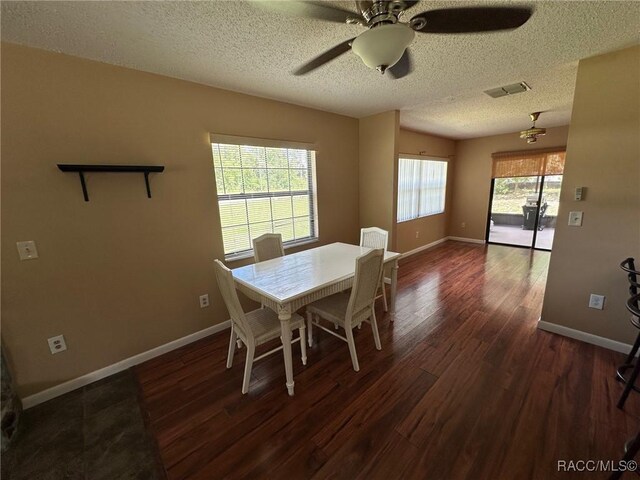2510 W Dolphin Dr, Citrus Springs, FL 34434 - dining room with dark wood-style flooring, ceiling fan, and a textured ceiling