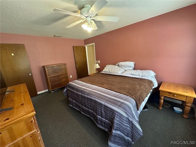2510 W Dolphin Dr, Citrus Springs, FL 34434 - bedroom featuring dark carpet, a textured ceiling, and a ceiling fan
