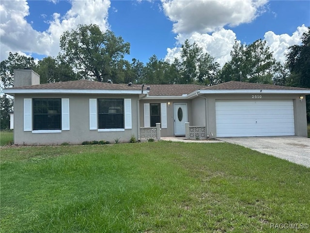 2510 W Dolphin Dr, Citrus Springs, FL 34434 - single story home with stucco siding, a garage, concrete driveway, a chimney, and a front yard