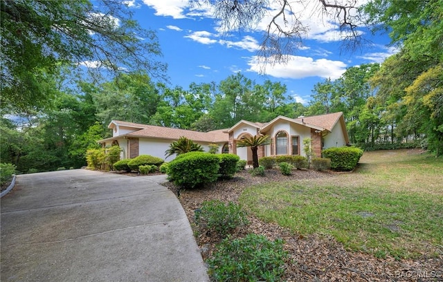 ranch-style house with stucco siding and a front yard