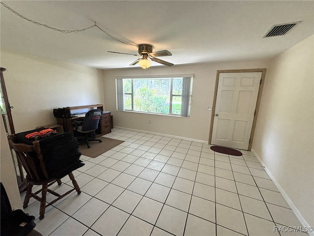 office area featuring ceiling fan and light tile patterned floors