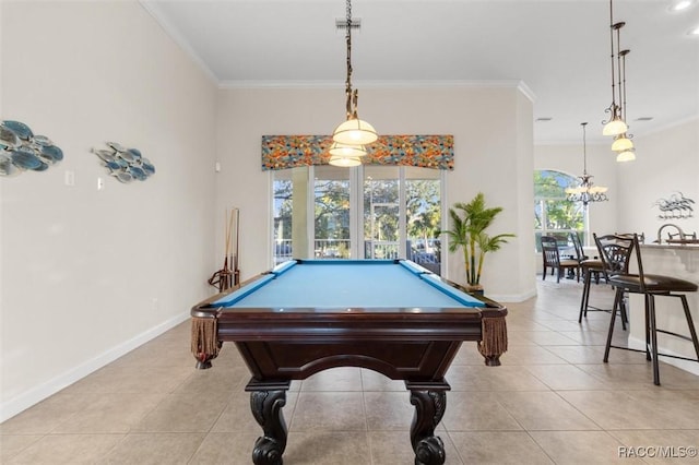 playroom featuring light tile patterned floors, ornamental molding, and billiards