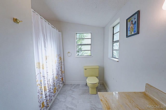 bathroom with toilet, lofted ceiling, and a textured ceiling