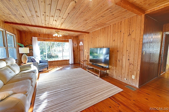 living room with wood walls, wooden ceiling, ceiling fan, beam ceiling, and wood-type flooring