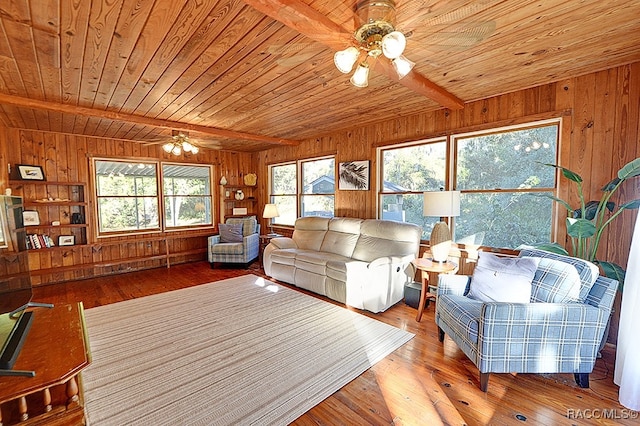 living room with wooden ceiling, hardwood / wood-style flooring, and wooden walls