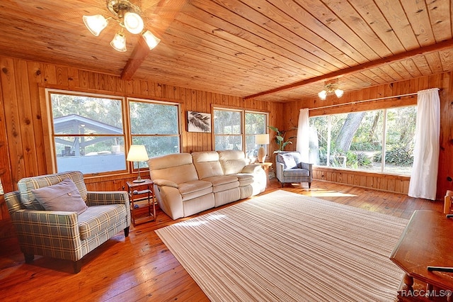 interior space with hardwood / wood-style flooring, a healthy amount of sunlight, wood walls, and beam ceiling