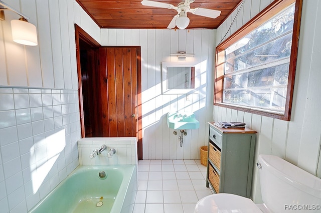 bathroom with a bath, wood walls, and wood ceiling