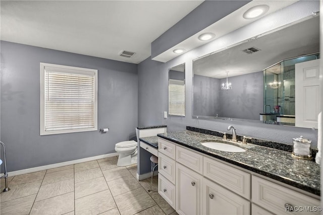 full bathroom with toilet, a shower stall, visible vents, and vanity