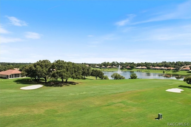 view of property's community with a water view and a lawn