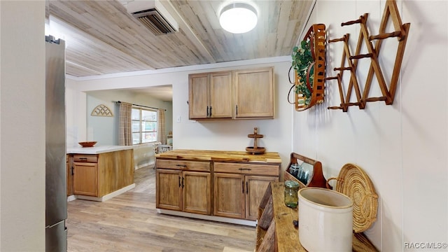 bar featuring stainless steel refrigerator, wooden ceiling, and light hardwood / wood-style floors