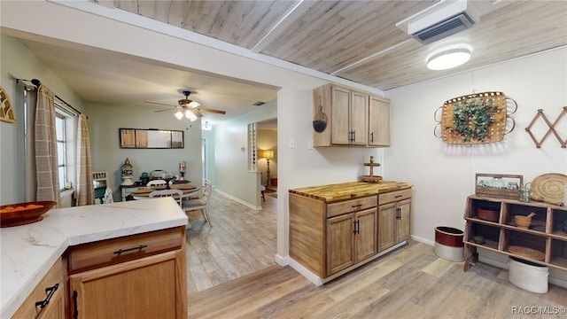 kitchen with ceiling fan, light hardwood / wood-style flooring, and wooden ceiling