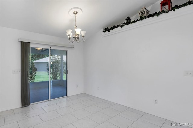 unfurnished room with vaulted ceiling, light tile patterned floors, and an inviting chandelier