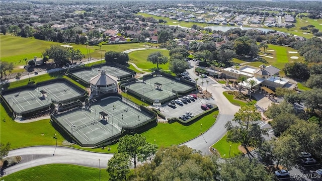 aerial view with a residential view and view of golf course