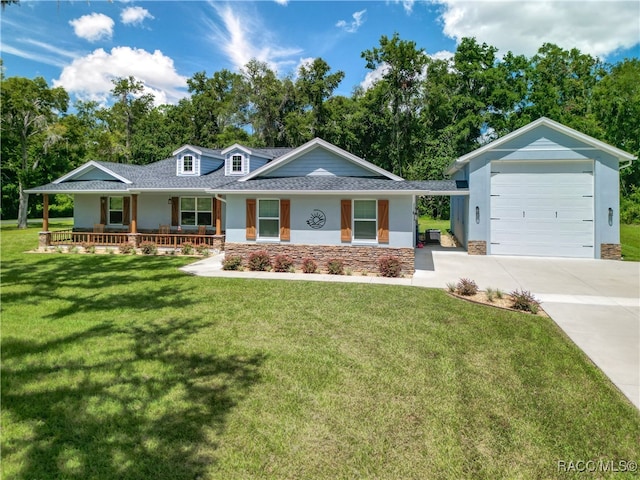 ranch-style home with a porch and a front yard