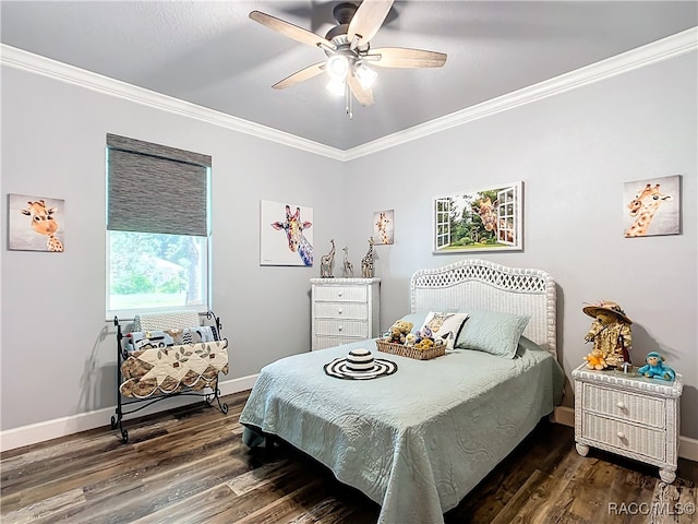 bedroom with ceiling fan, dark hardwood / wood-style flooring, and ornamental molding