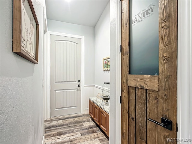 bathroom with hardwood / wood-style floors and vanity