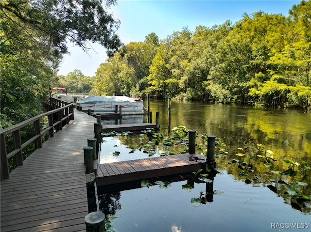 view of dock with a water view