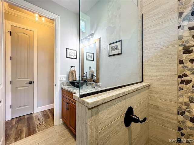 bathroom featuring vanity, wood-type flooring, and walk in shower