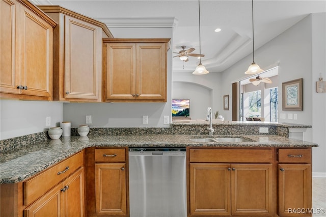 kitchen with dark stone counters, a tray ceiling, stainless steel dishwasher, and a sink