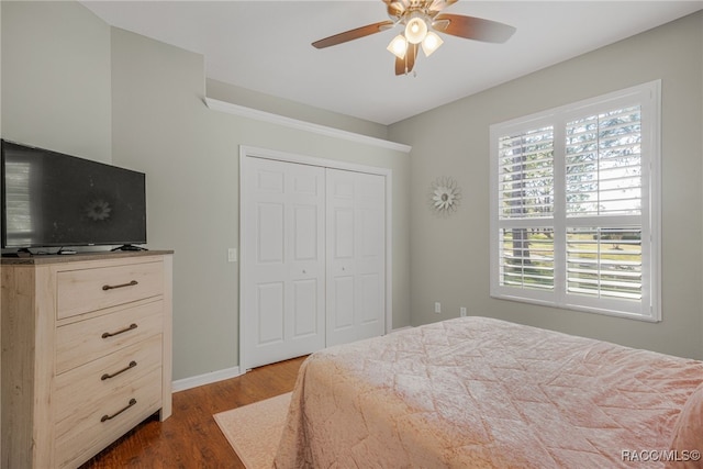 bedroom featuring baseboards, a closet, a ceiling fan, and dark wood-type flooring