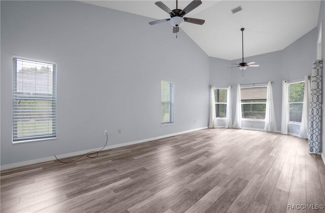 unfurnished living room featuring visible vents, high vaulted ceiling, wood finished floors, and a ceiling fan