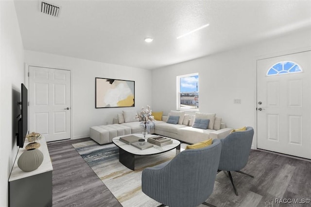 living room with dark wood-type flooring