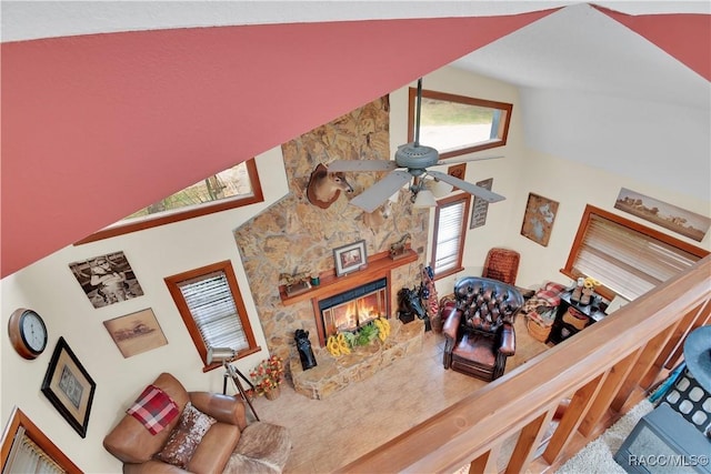 4200 W Breckenridge Ct, Beverly Hills, FL 34465 - living area featuring high vaulted ceiling, ceiling fan, and a stone fireplace