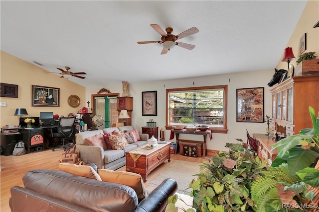 4200 W Breckenridge Ct, Beverly Hills, FL 34465 - living area with ceiling fan, an office area, light wood-style floors, and lofted ceiling