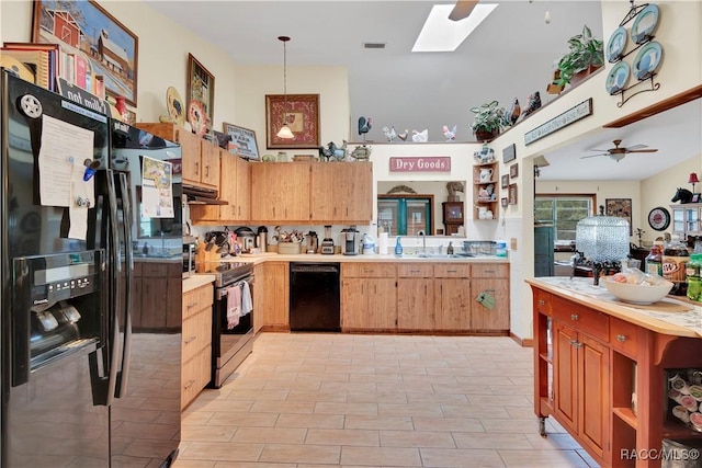 4200 W Breckenridge Ct, Beverly Hills, FL 34465 - kitchen with black appliances, a skylight, under cabinet range hood, open shelves, and ceiling fan