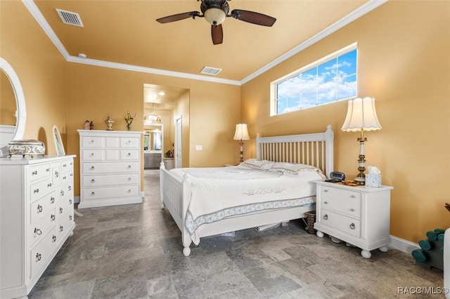 5061 W Oakhill St, Dunnellon, FL 34433 - bedroom with crown molding, stone finish floors, ensuite bathroom, and ceiling fan