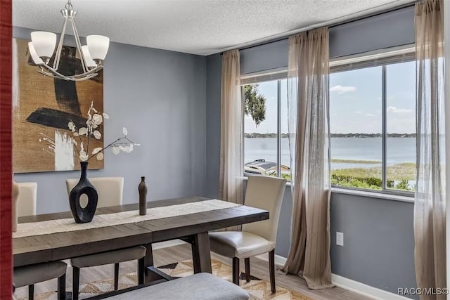 1316 Lake Ariana Blvd, Auburndale, FL 33823 - dining space with a chandelier, a water view, a textured ceiling, wood finished floors, and baseboards