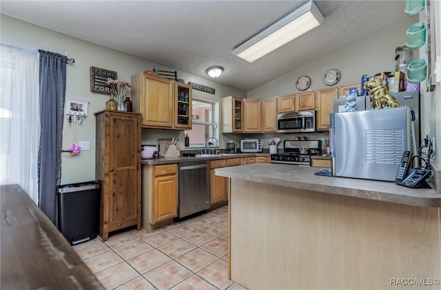 kitchen with a healthy amount of sunlight, stainless steel appliances, light brown cabinets, and vaulted ceiling