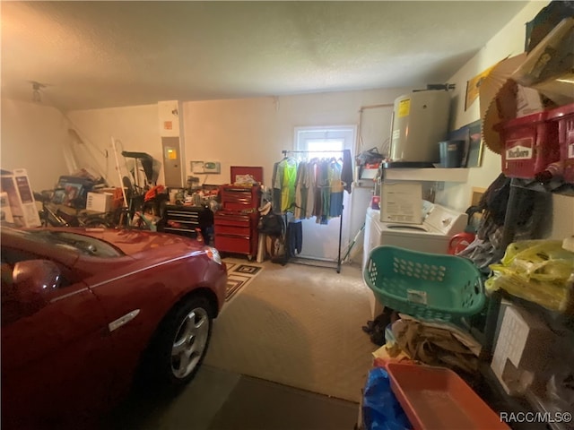 garage with electric panel and water heater