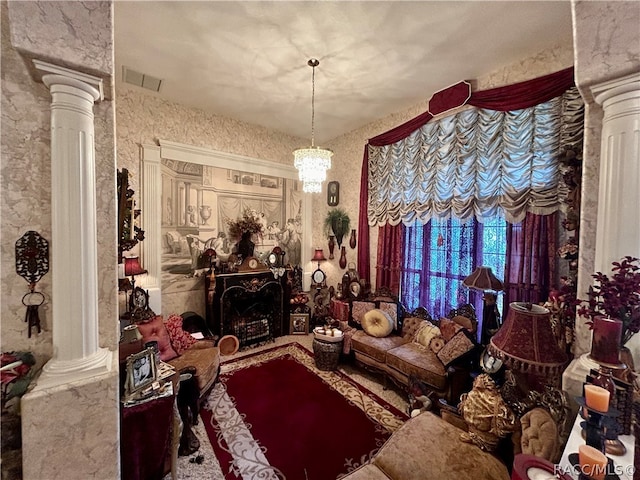 interior space with ornate columns and a notable chandelier