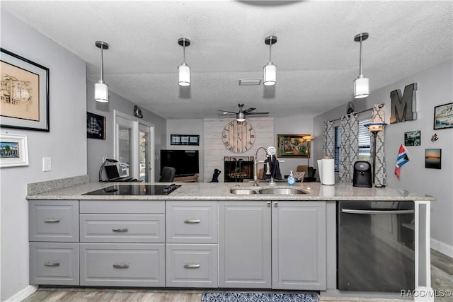 9844 SW 198th Cir, Dunnellon, FL 34432 - kitchen with stainless steel dishwasher, a sink, a textured ceiling, black electric stovetop, and a large fireplace