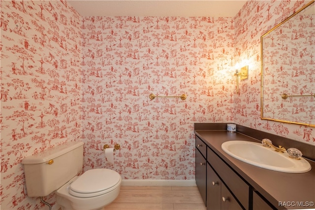 bathroom featuring vanity, wood-type flooring, and toilet