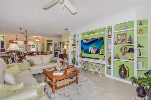 living room featuring ceiling fan