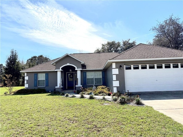 ranch-style home with stucco siding, a front lawn, concrete driveway, an attached garage, and a shingled roof