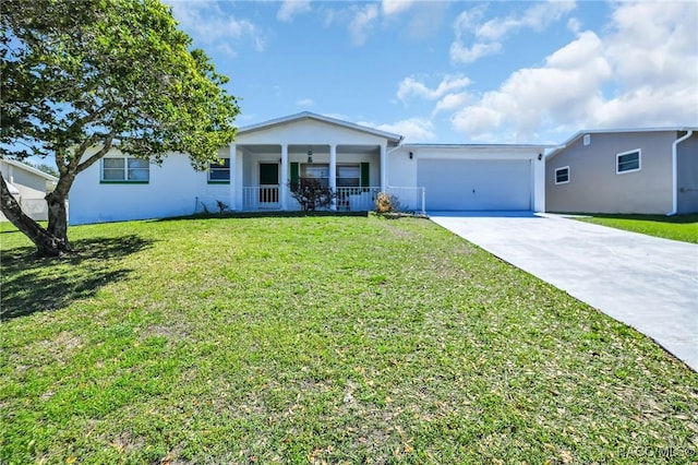 ranch-style home with stucco siding, an attached garage, concrete driveway, and a front lawn