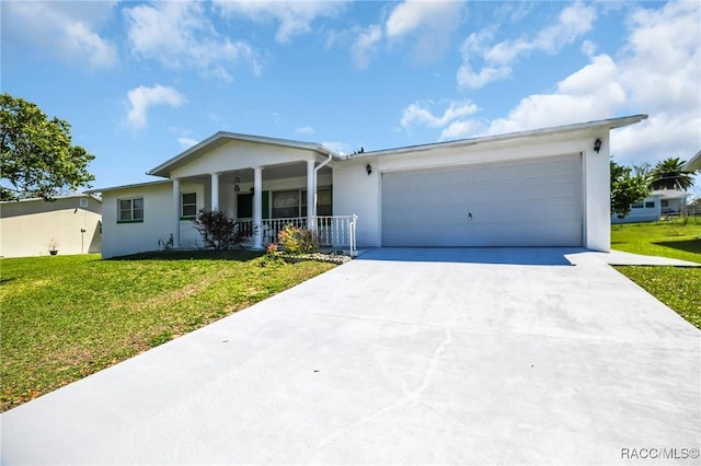 ranch-style home featuring stucco siding, a porch, concrete driveway, a front yard, and a garage