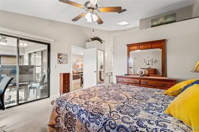 bedroom with carpet flooring, ceiling fan, a textured ceiling, and access to outside