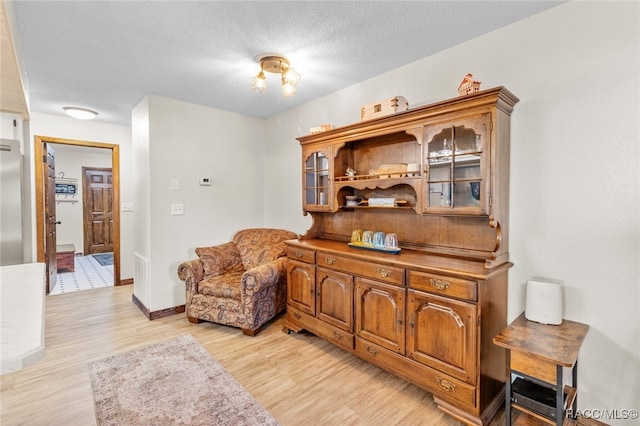 sitting room with a textured ceiling and light wood-type flooring